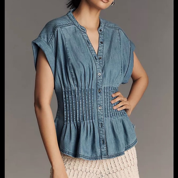 Pilcro Women’s Short Sleeve Pleated Corset Blouse - Picture 2 of 12